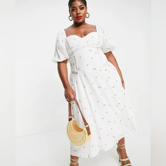 ASOS DESIGN Curve Premium puff sleeve trapeze midi dress Size 12 Cottage Core - Picture 2 of 8